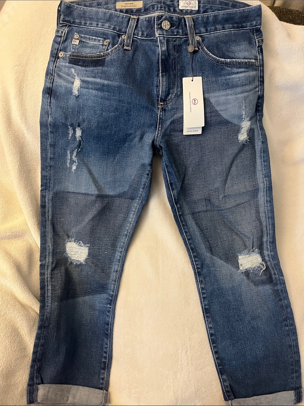 AG Adriano Goldschmied the Drew Distressed Dark Blue Boyfriend Jeans